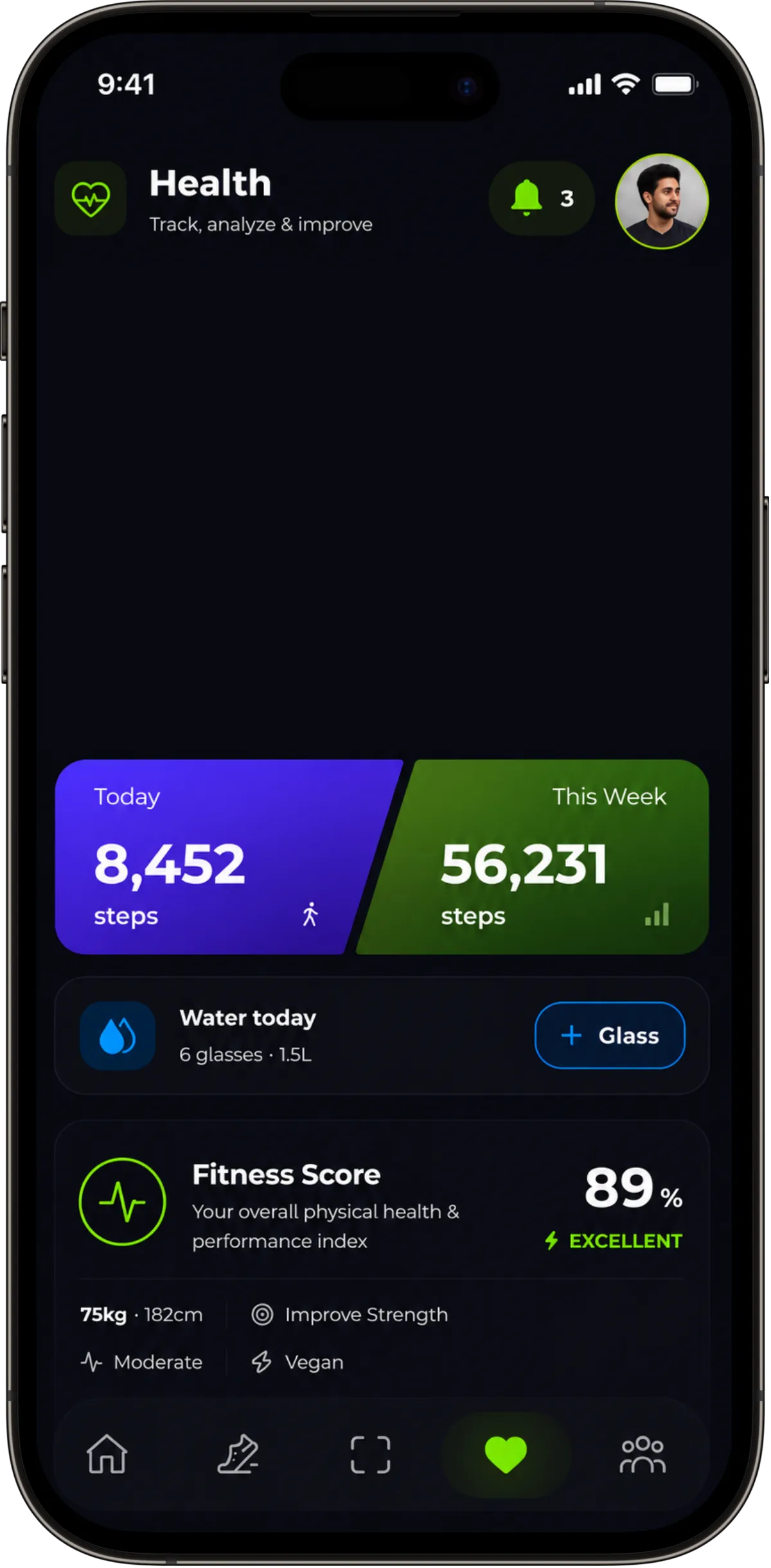 score.fit app showing Fitness Score, activity tracking, and health metrics
